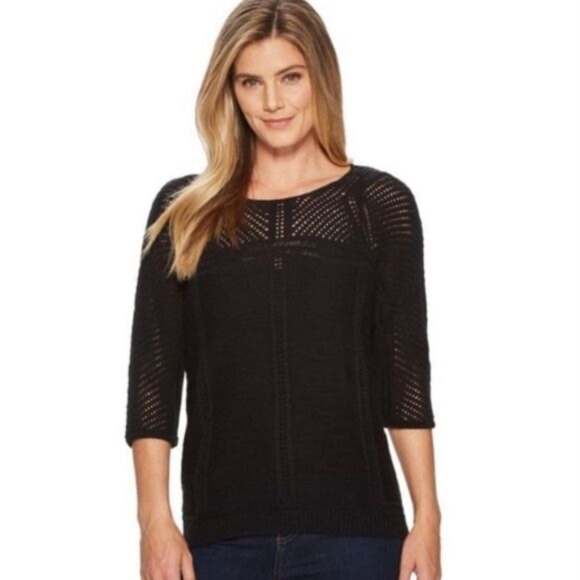 Prana Black Getup Knit 3/4 Sleeve Round Neck Organic Cotton Sweater Size Small - Picture 1 of 5
